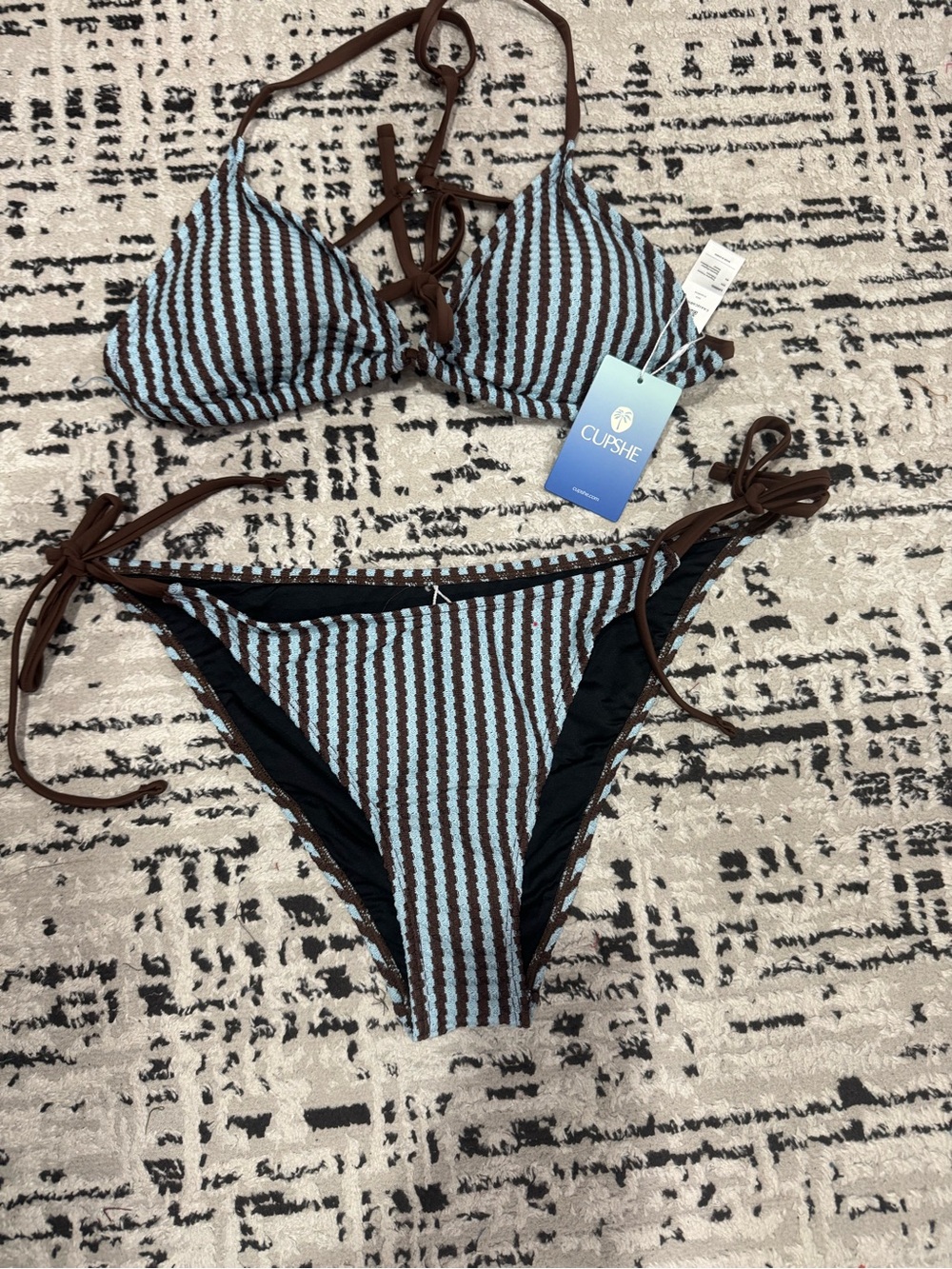 Cupshe Brown & Light Blue Striped Lace-Up Triangle Bikini Set